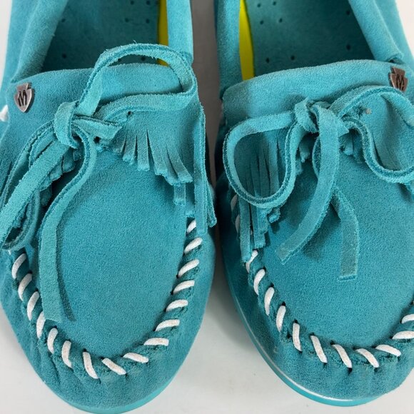 Minnetonka Turquoise Suede Moccasins Kitty Plus Womens Size 10 Fringe Whipstitch - Picture 9 of 16